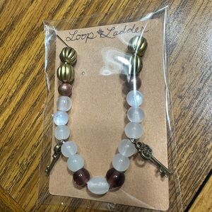 Frosted White and Burgundy Beaded Key Charm Bracelet